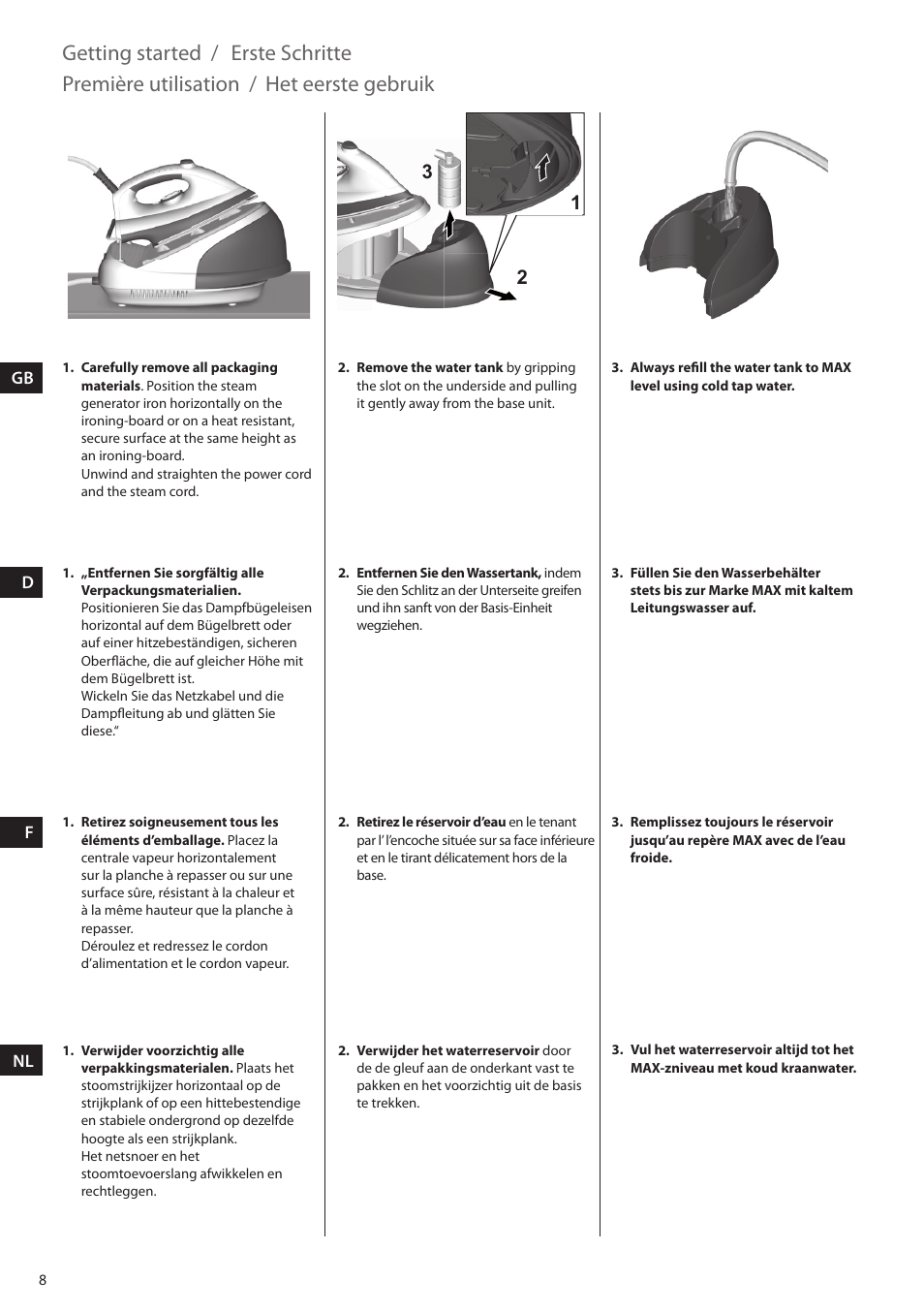 Getting started, Erste schritte, Première utilisation | Het eerste gebruik | Electrolux EDBS2300 User Manual | Page 8 / 124