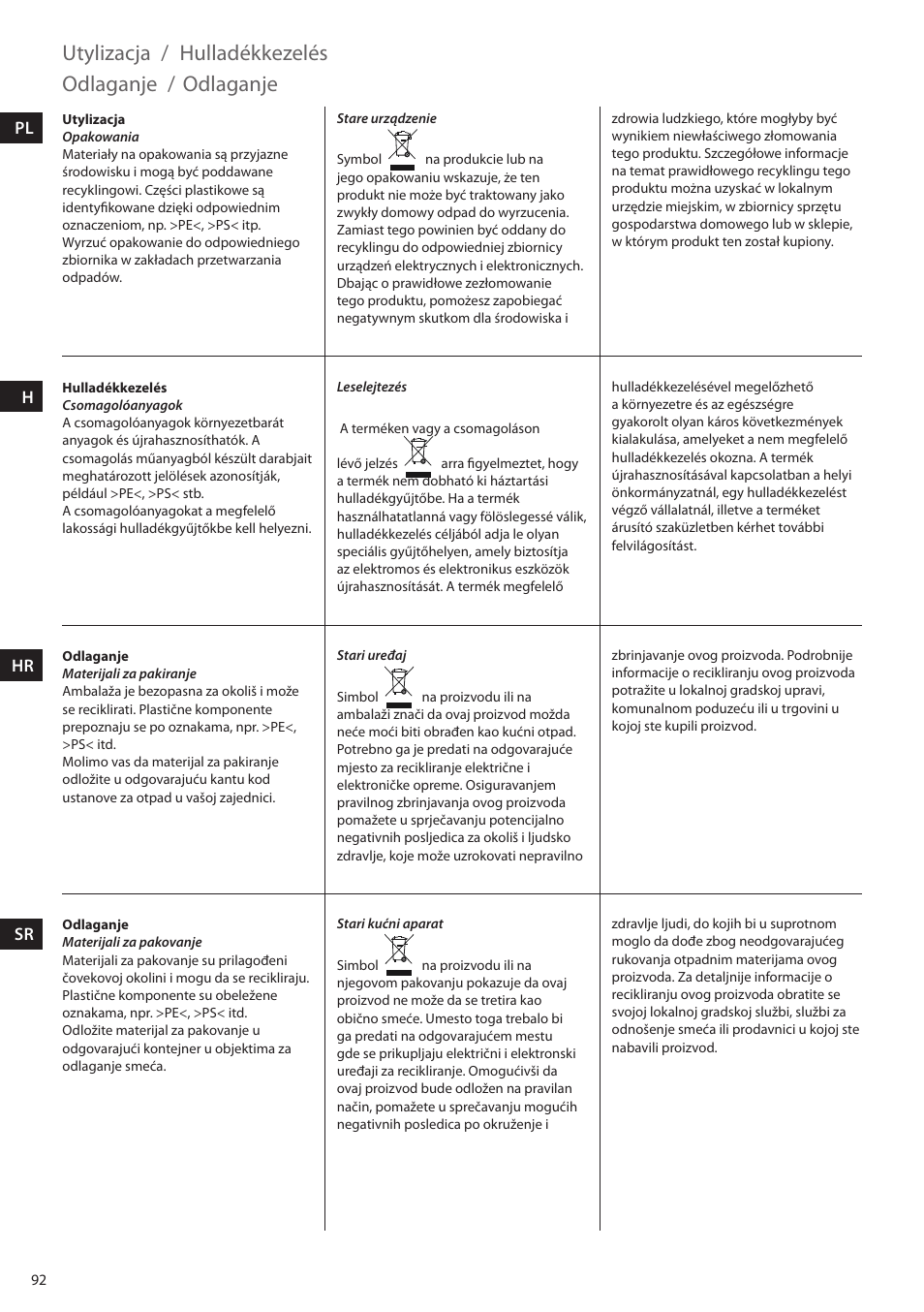 Utylizacja, Hulladékkezelés, Odlaganje | Electrolux EDBS2300 User Manual | Page 92 / 124