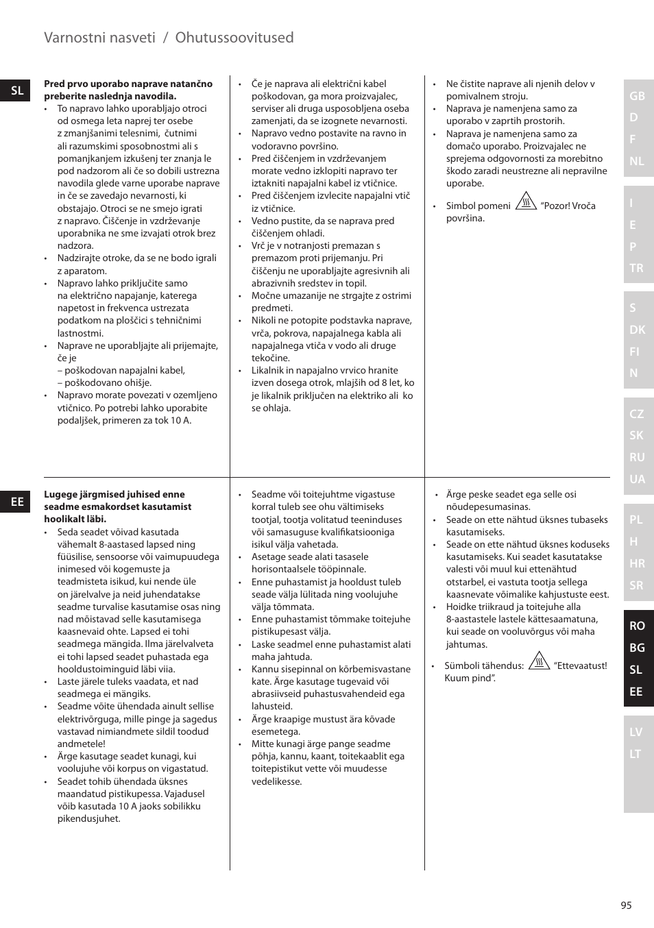 Varnostni nasveti, Ohutussoovitused | Electrolux EDBS2300 User Manual | Page 95 / 124