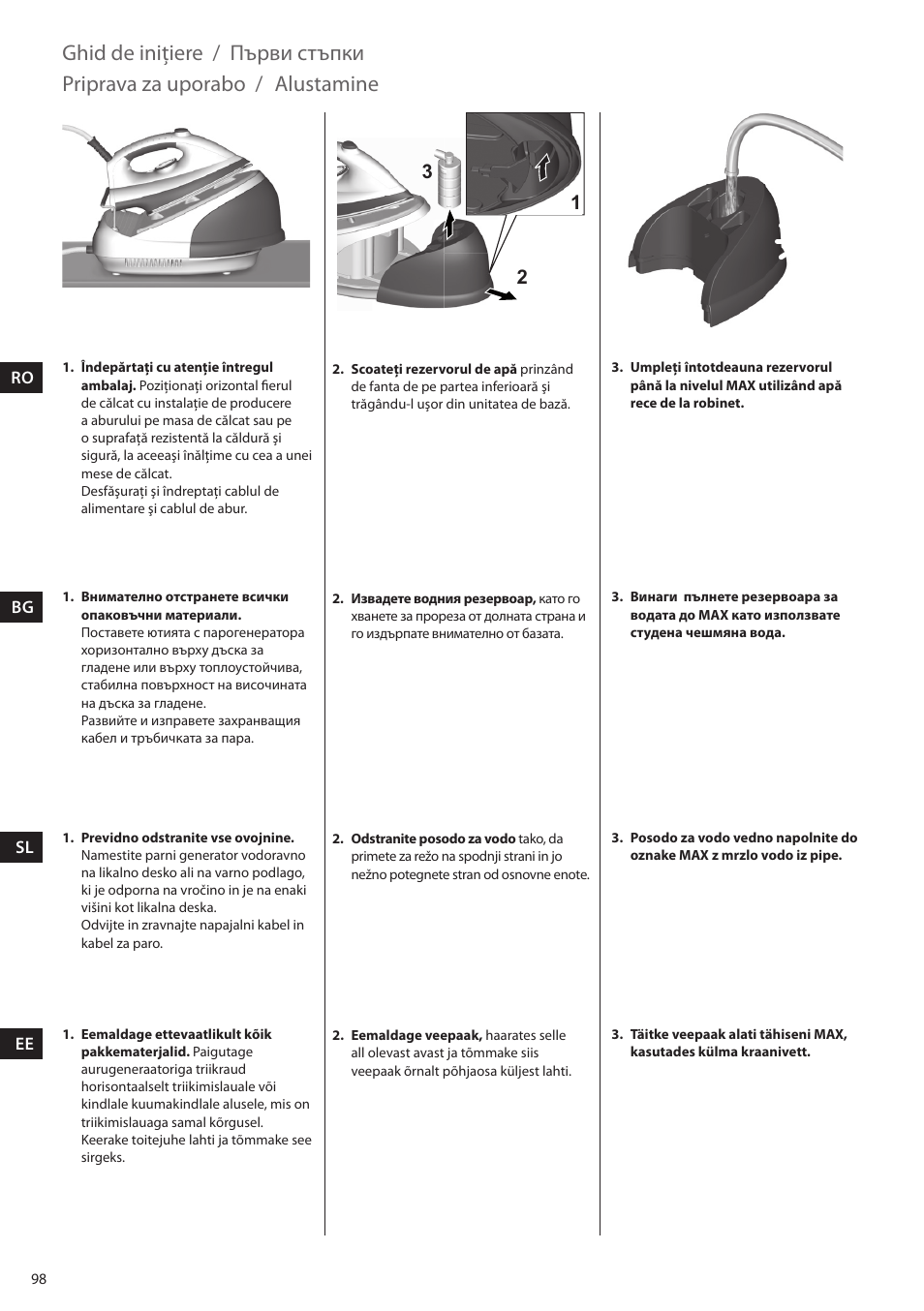 Ghid de iniţiere, Първи стъпки, Priprava za uporabo | Alustamine | Electrolux EDBS2300 User Manual | Page 98 / 124