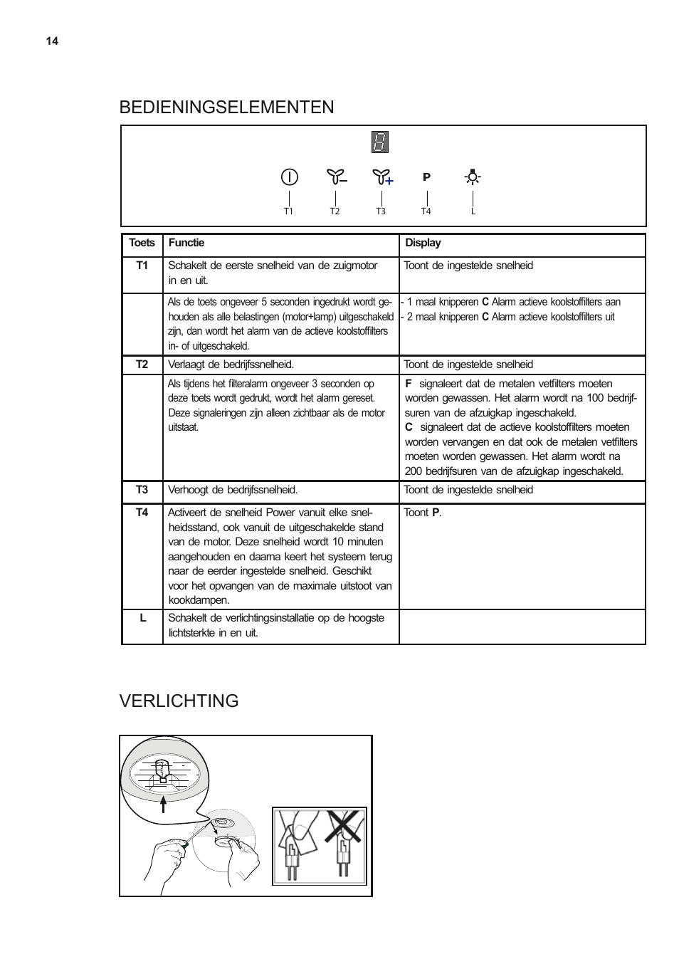 Bedieningselementen verlichting | Electrolux EFL10550DX User Manual | Page 14 / 56