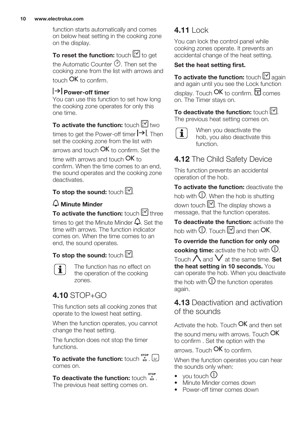 10 stop+go, 11 lock, 12 the child safety device | 13 deactivation and activation of the sounds | Electrolux EHO8840FOG User Manual | Page 10 / 76