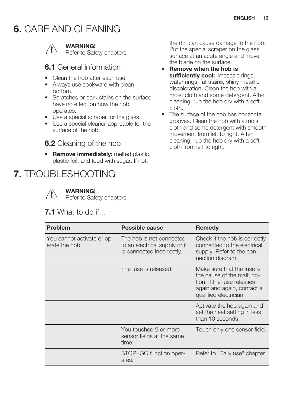 Care and cleaning, 1 general information, 2 cleaning of the hob | Troubleshooting, 1 what to do if, Care and cleaning 7. troubleshooting | Electrolux EHO8840FOG User Manual | Page 13 / 76