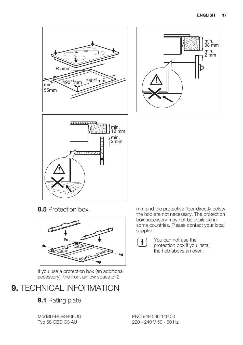 5 protection box, Technical information, 1 rating plate | Electrolux EHO8840FOG User Manual | Page 17 / 76