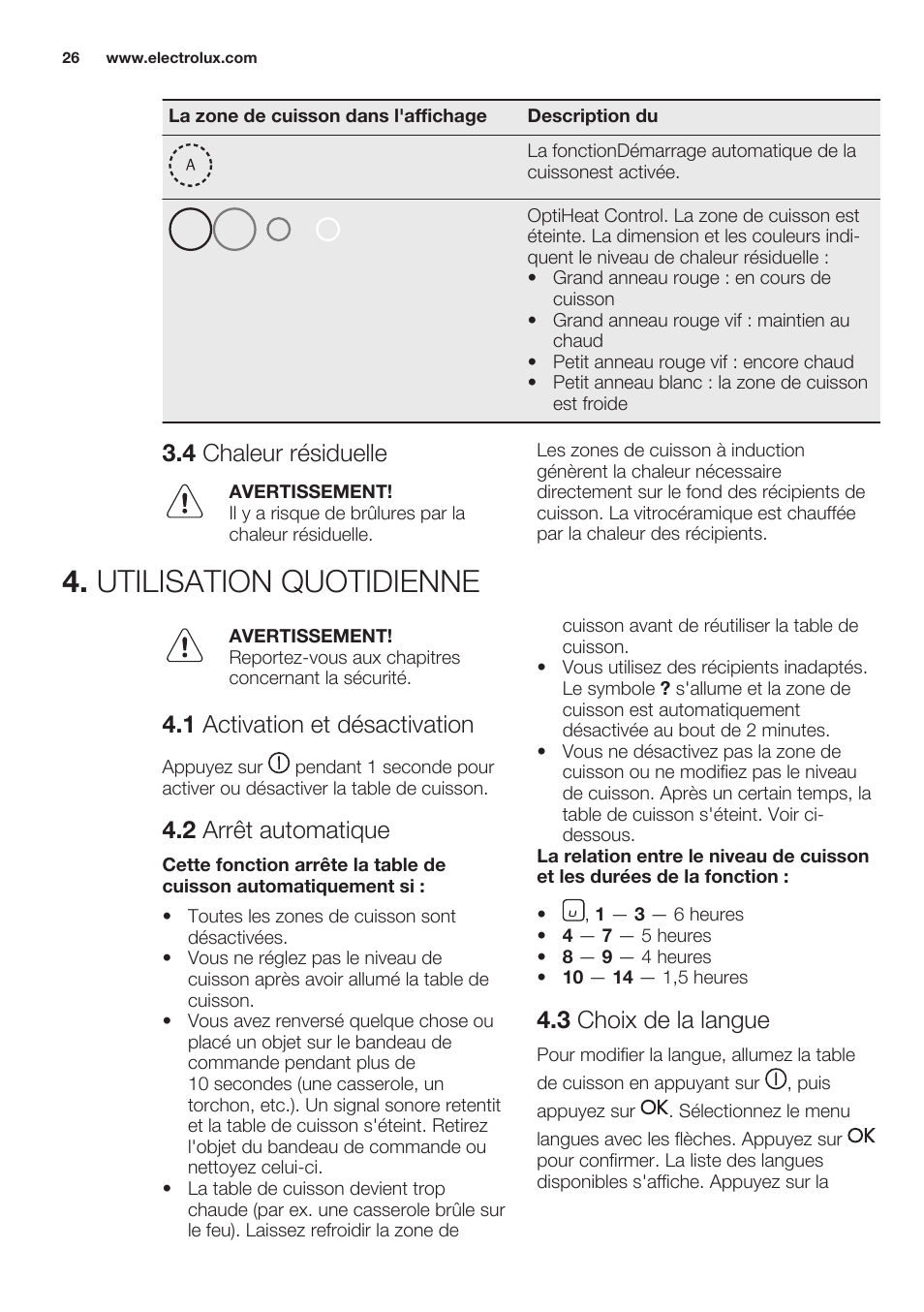 4 chaleur résiduelle, Utilisation quotidienne, 1 activation et désactivation | 2 arrêt automatique, 3 choix de la langue | Electrolux EHO8840FOG User Manual | Page 26 / 76