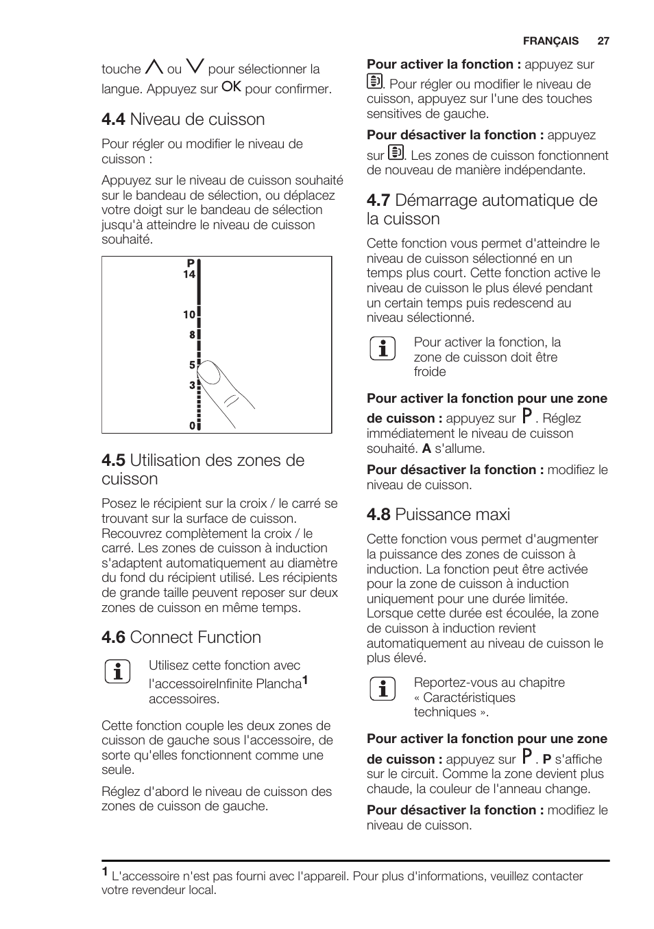 4 niveau de cuisson, 5 utilisation des zones de cuisson, 6 connect function | 7 démarrage automatique de la cuisson, 8 puissance maxi | Electrolux EHO8840FOG User Manual | Page 27 / 76