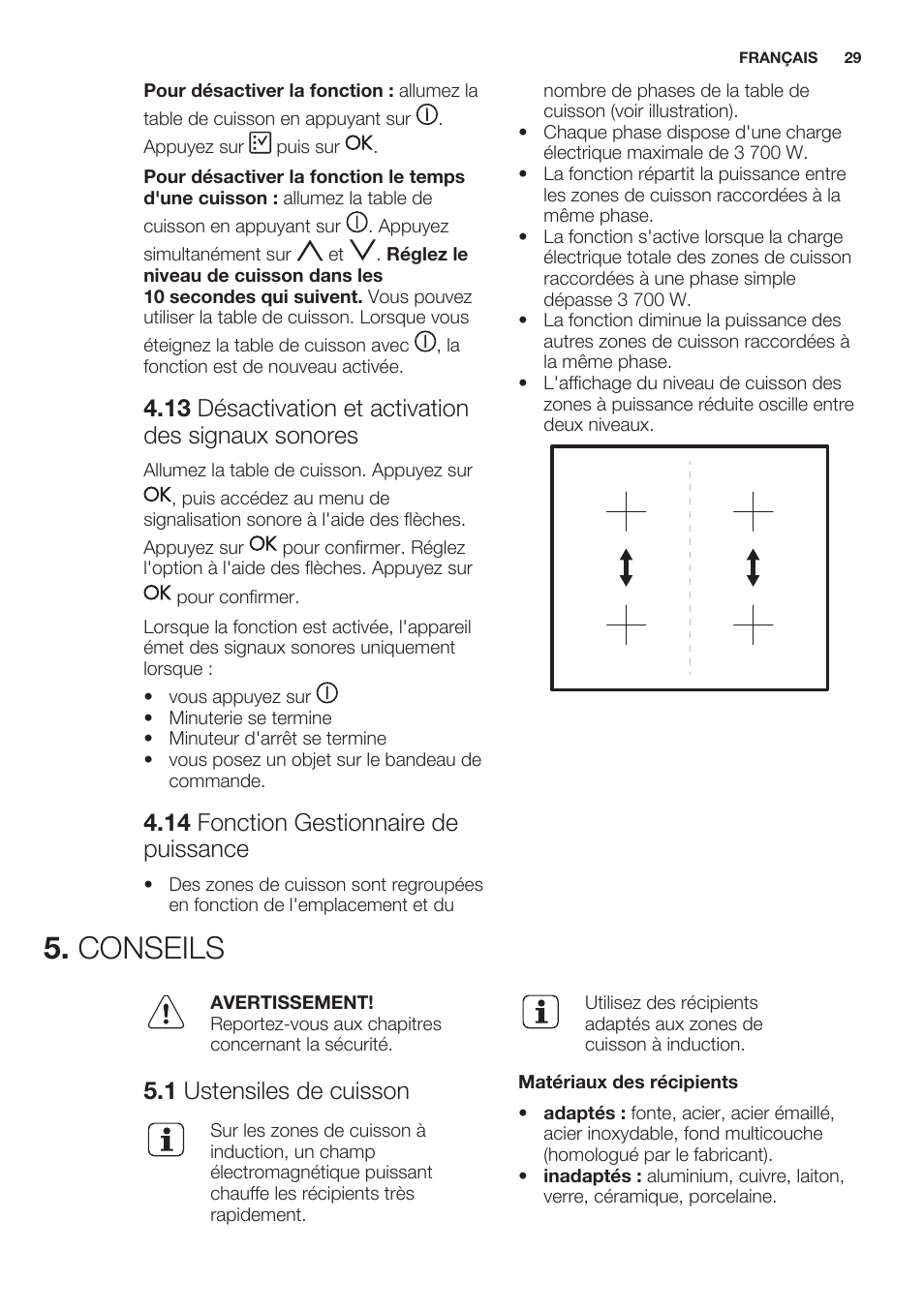 13 désactivation et activation des signaux sonores, 14 fonction gestionnaire de puissance, Conseils | 1 ustensiles de cuisson | Electrolux EHO8840FOG User Manual | Page 29 / 76