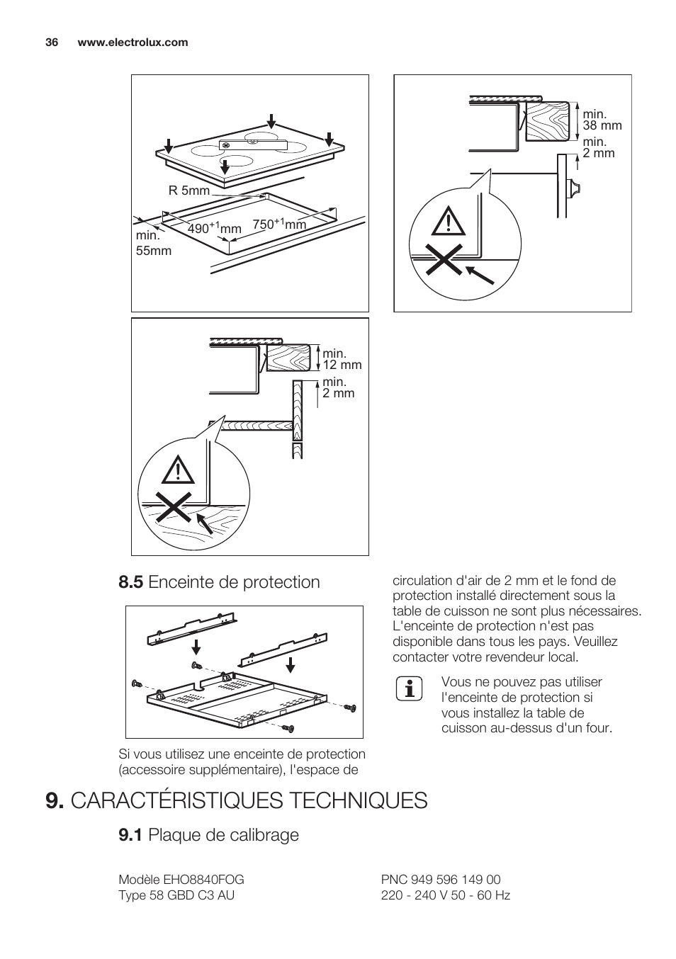 5 enceinte de protection, Caractéristiques techniques, 1 plaque de calibrage | Electrolux EHO8840FOG User Manual | Page 36 / 76