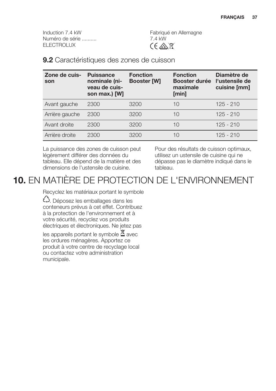 2 caractéristiques des zones de cuisson, En matière de protection de l'environnement | Electrolux EHO8840FOG User Manual | Page 37 / 76