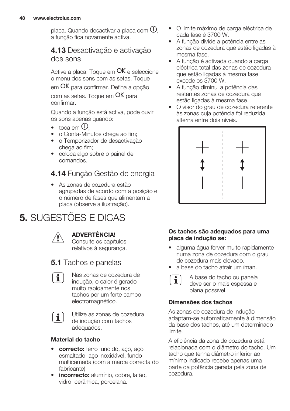 13 desactivação e activação dos sons, 14 função gestão de energia, Sugestões e dicas | 1 tachos e panelas | Electrolux EHO8840FOG User Manual | Page 48 / 76