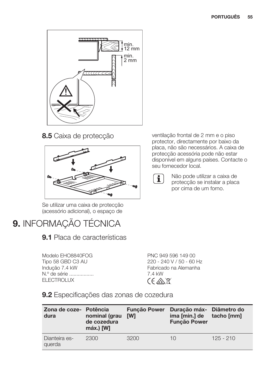 5 caixa de protecção, Informação técnica, 1 placa de características | 2 especificações das zonas de cozedura | Electrolux EHO8840FOG User Manual | Page 55 / 76