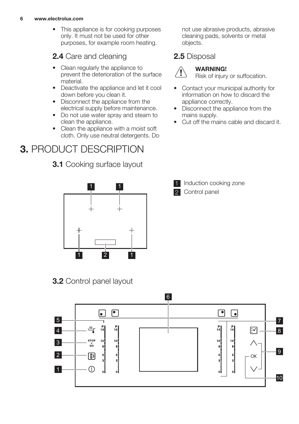 4 care and cleaning, 5 disposal, Product description | 1 cooking surface layout, 2 control panel layout | Electrolux EHO8840FOG User Manual | Page 6 / 76