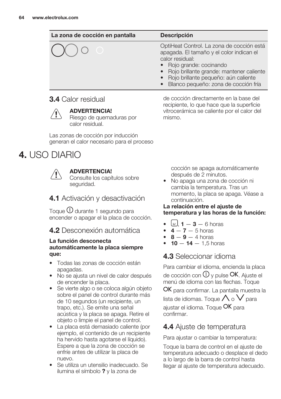 4 calor residual, Uso diario, 1 activación y desactivación | 2 desconexión automática, 3 seleccionar idioma, 4 ajuste de temperatura | Electrolux EHO8840FOG User Manual | Page 64 / 76
