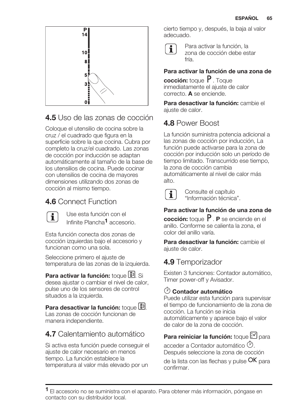 5 uso de las zonas de cocción, 6 connect function, 7 calentamiento automático | 8 power boost, 9 temporizador | Electrolux EHO8840FOG User Manual | Page 65 / 76