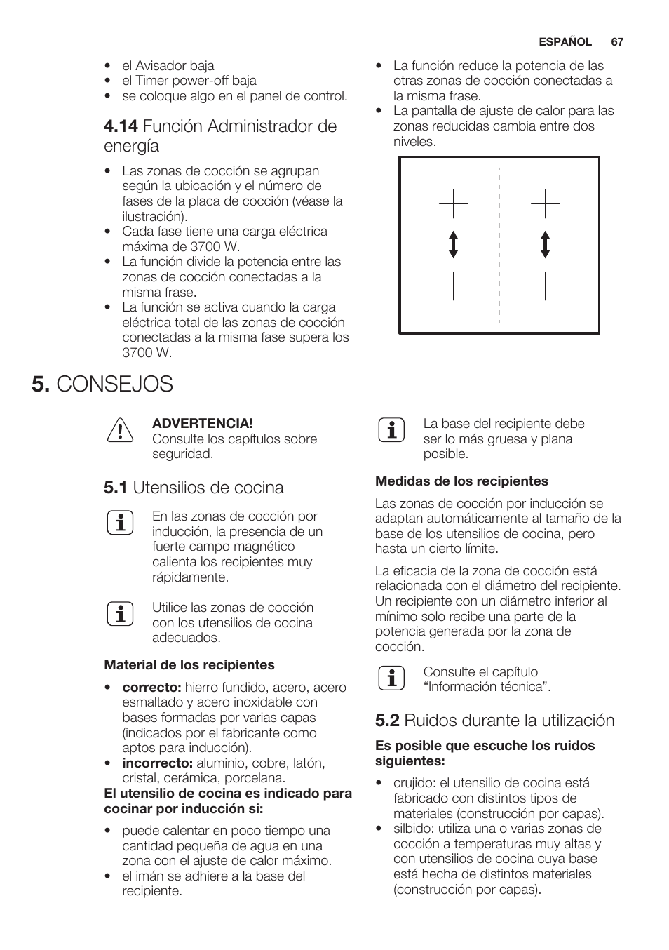 14 función administrador de energía, Consejos, 1 utensilios de cocina | 2 ruidos durante la utilización | Electrolux EHO8840FOG User Manual | Page 67 / 76