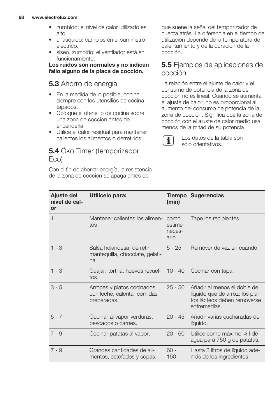 3 ahorro de energía, 4 öko timer (temporizador eco), 5 ejemplos de aplicaciones de cocción | Electrolux EHO8840FOG User Manual | Page 68 / 76