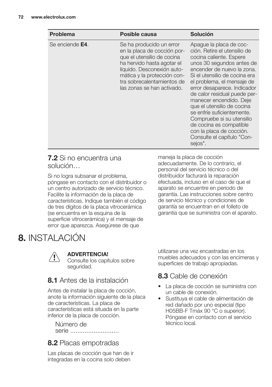 2 si no encuentra una solución, Instalación, 1 antes de la instalación | 2 placas empotradas, 3 cable de conexión | Electrolux EHO8840FOG User Manual | Page 72 / 76