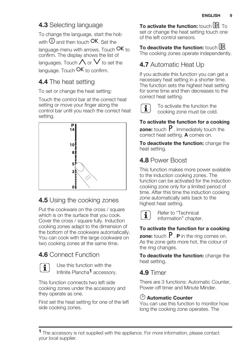 3 selecting language, 4 the heat setting, 5 using the cooking zones | 6 connect function, 7 automatic heat up, 8 power boost, 9 timer | Electrolux EHO8840FOG User Manual | Page 9 / 76