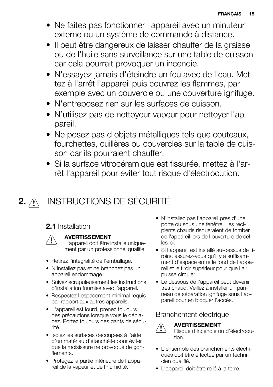 Instructions de sécurité | Electrolux EHF6232FOK User Manual | Page 15 / 52