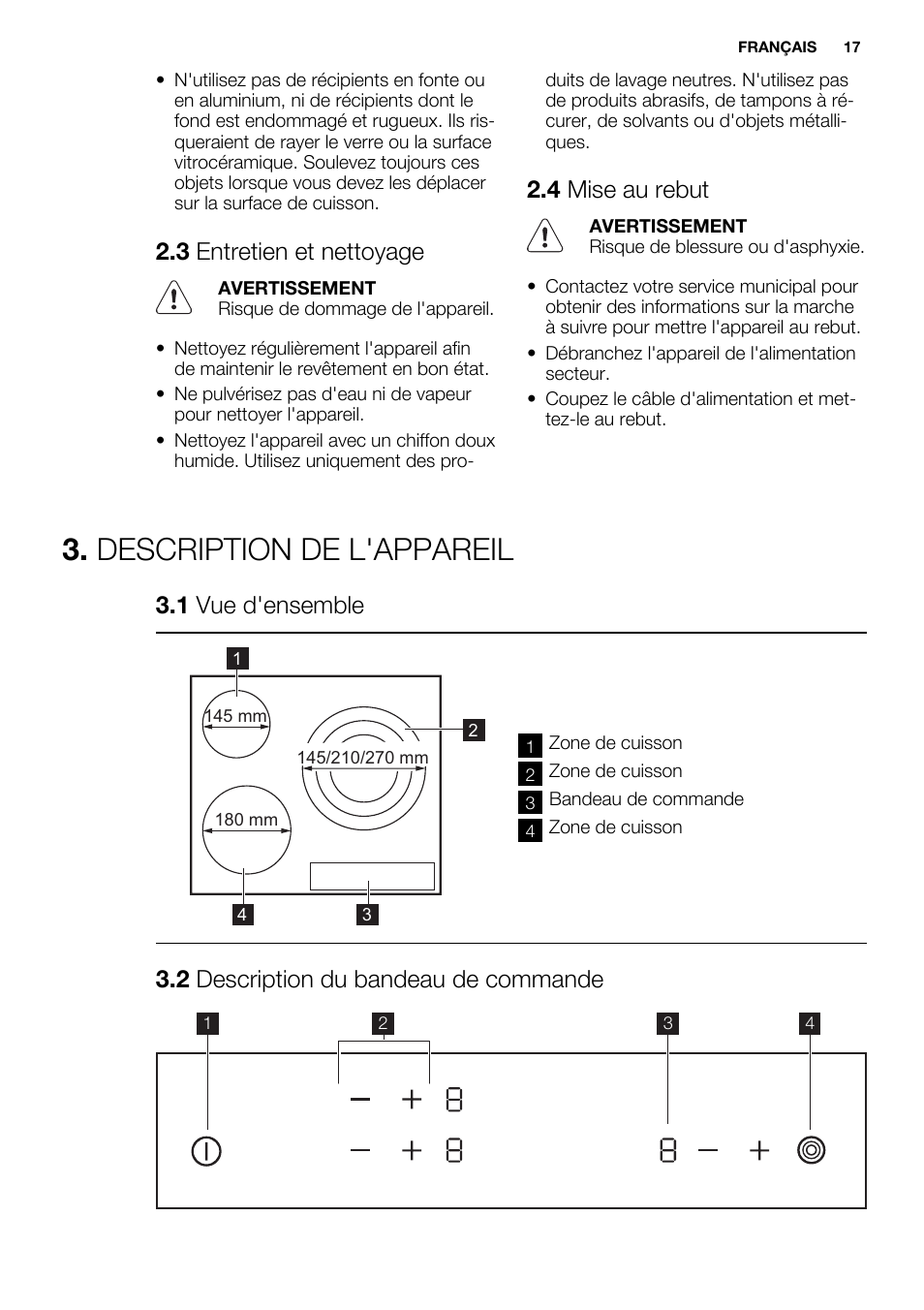Description de l'appareil, 3 entretien et nettoyage, 4 mise au rebut | 1 vue d'ensemble, 2 description du bandeau de commande | Electrolux EHF6232FOK User Manual | Page 17 / 52
