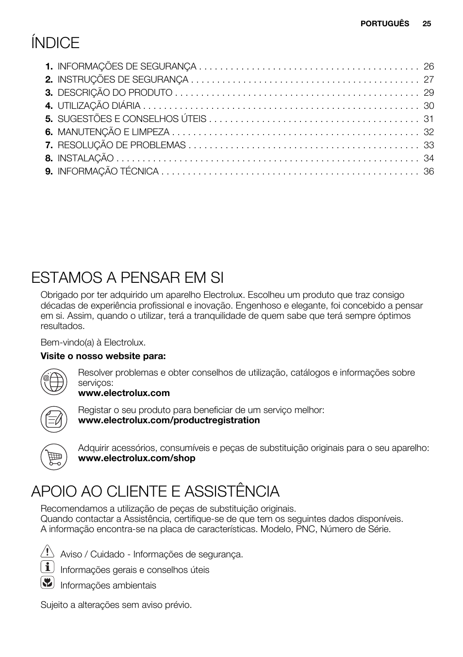Índice, Estamos a pensar em si, Apoio ao cliente e assistência | Electrolux EHF6232FOK User Manual | Page 25 / 52