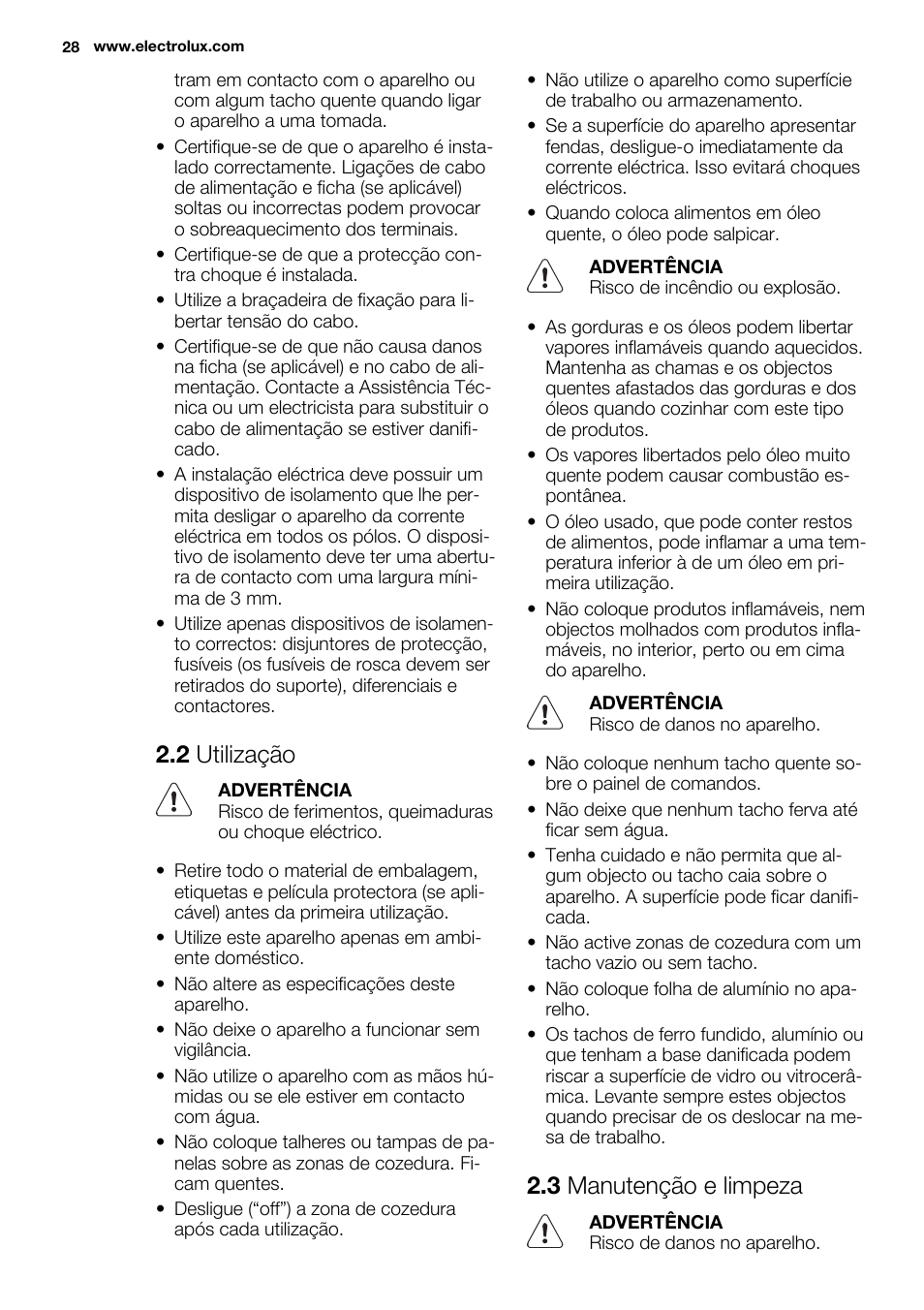 2 utilização, 3 manutenção e limpeza | Electrolux EHF6232FOK User Manual | Page 28 / 52