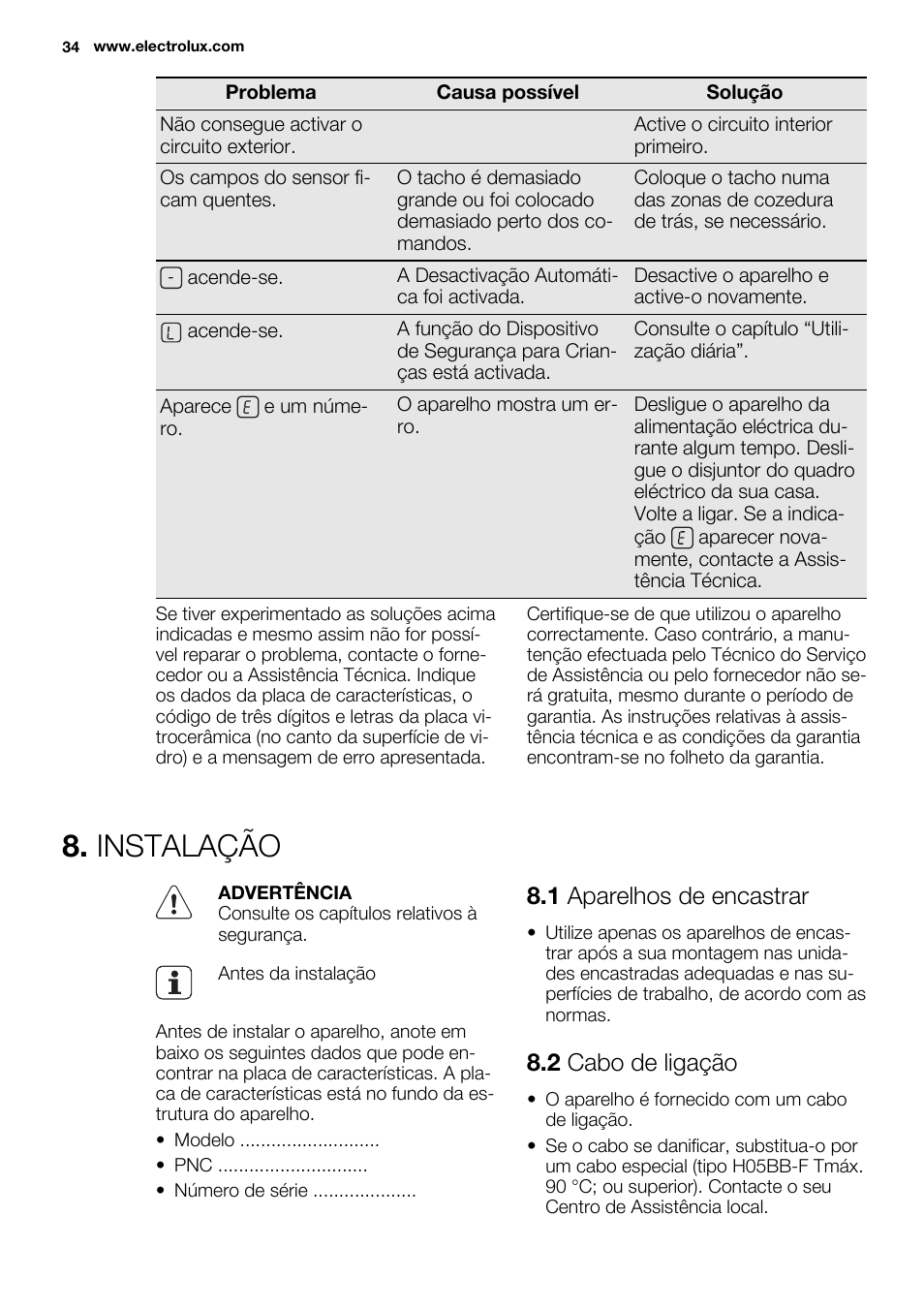 Instalação, 1 aparelhos de encastrar, 2 cabo de ligação | Electrolux EHF6232FOK User Manual | Page 34 / 52