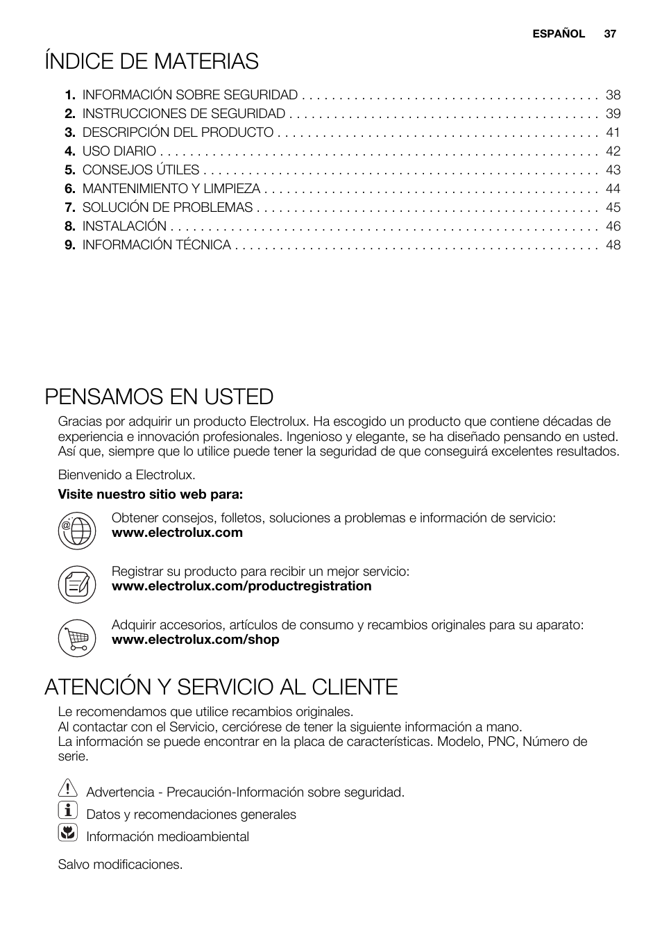 Índice de materias, Pensamos en usted, Atención y servicio al cliente | Electrolux EHF6232FOK User Manual | Page 37 / 52