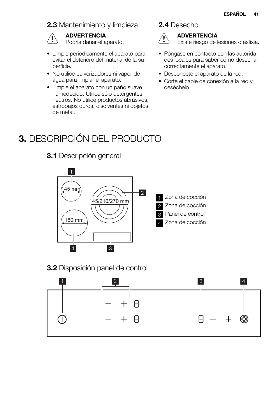 Descripción del producto, 3 mantenimiento y limpieza, 4 desecho | 1 descripción general, 2 disposición panel de control | Electrolux EHF6232FOK User Manual | Page 41 / 52