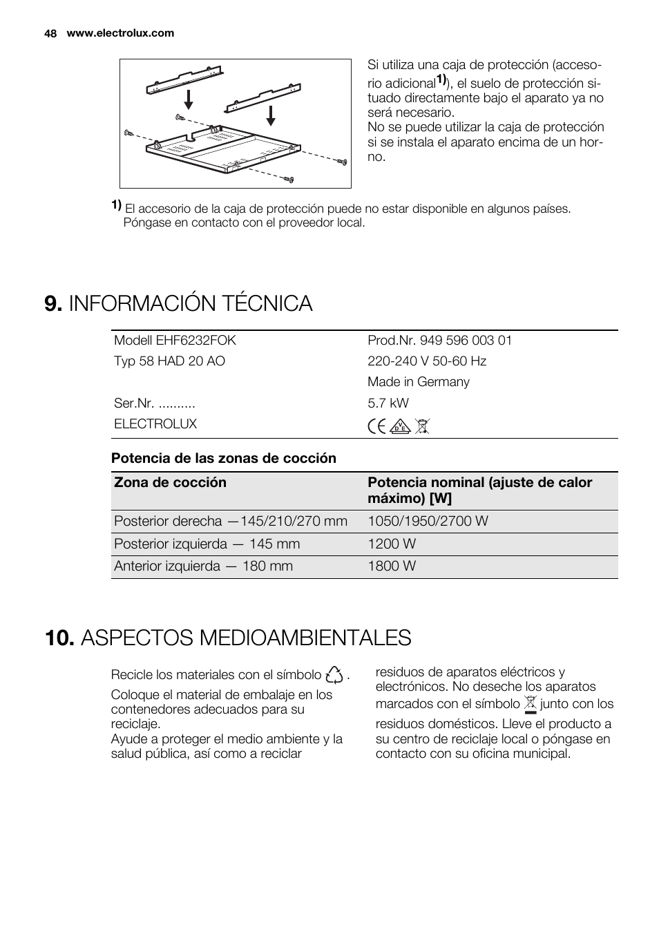 Información técnica, Aspectos medioambientales | Electrolux EHF6232FOK User Manual | Page 48 / 52