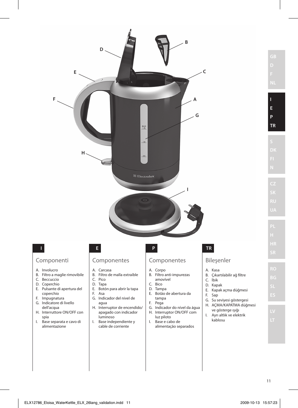 Componenti, Componentes, Bileşenler | Electrolux EEWA3100 User Manual | Page 11 / 60