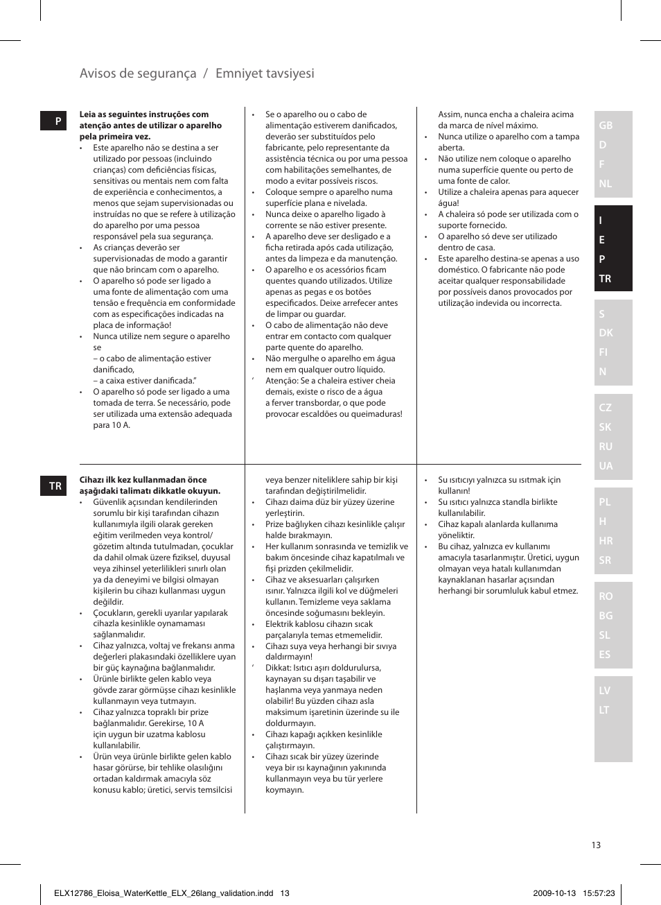 Avisos de segurança / emniyet tavsiyesi | Electrolux EEWA3100 User Manual | Page 13 / 60