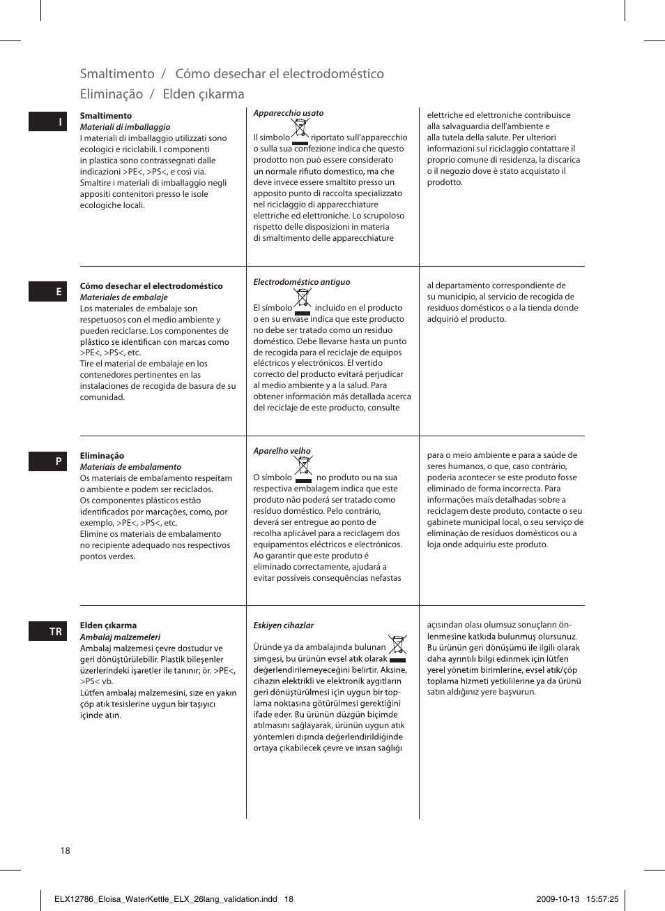 Smaltimento, Cómo desechar el electrodoméstico, Eliminação | Elden çıkarma | Electrolux EEWA3100 User Manual | Page 18 / 60