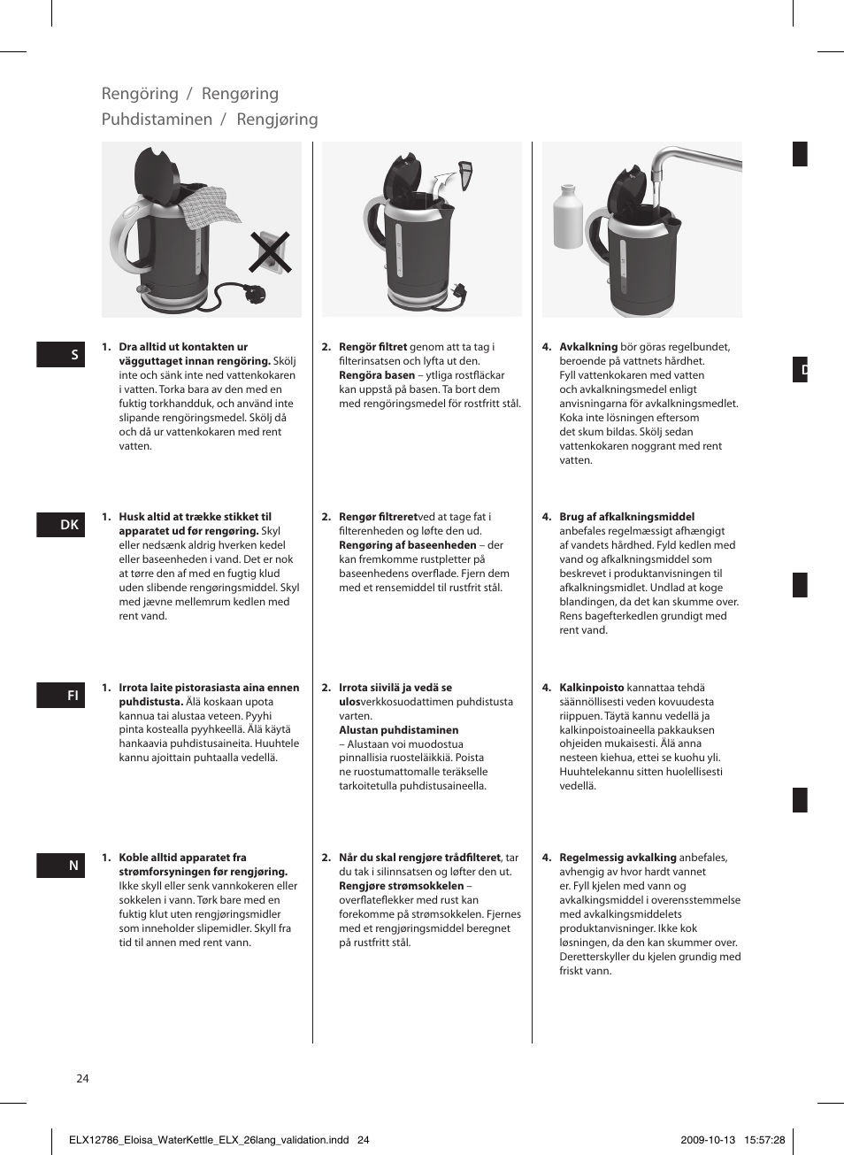 Rengöring / rengøring, Puhdistaminen, Rengjøring | Electrolux EEWA3100 User Manual | Page 24 / 60