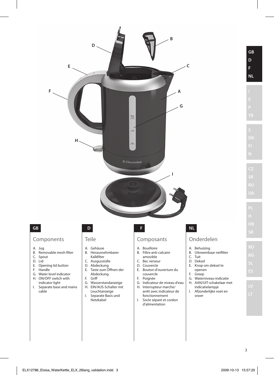 Components, Teile, Composants | Onderdelen | Electrolux EEWA3100 User Manual | Page 3 / 60