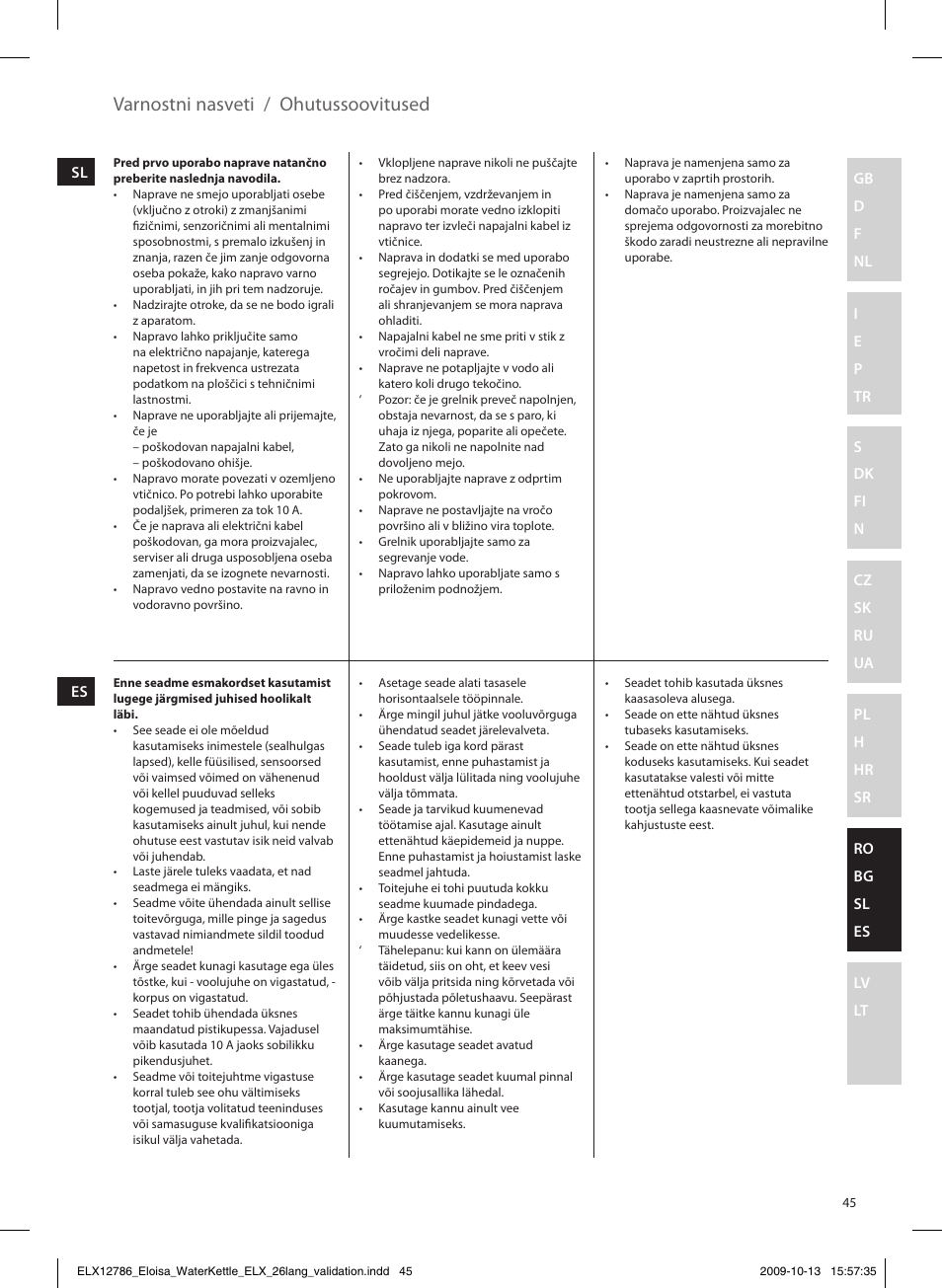 Varnostni nasveti / ohutussoovitused | Electrolux EEWA3100 User Manual | Page 45 / 60