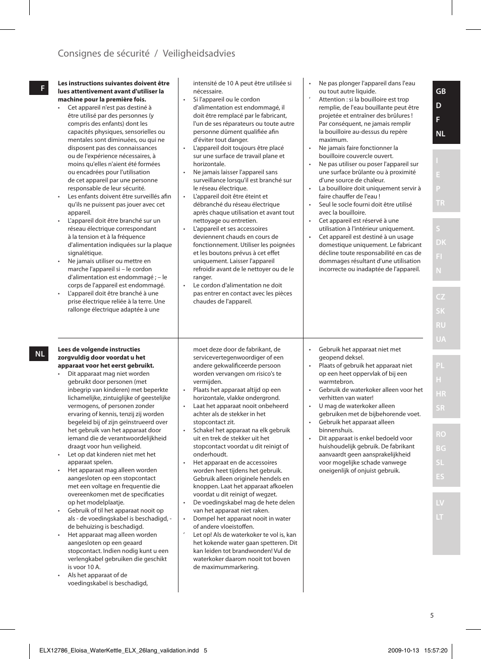 Consignes de sécurité / veiligheidsadvies | Electrolux EEWA3100 User Manual | Page 5 / 60