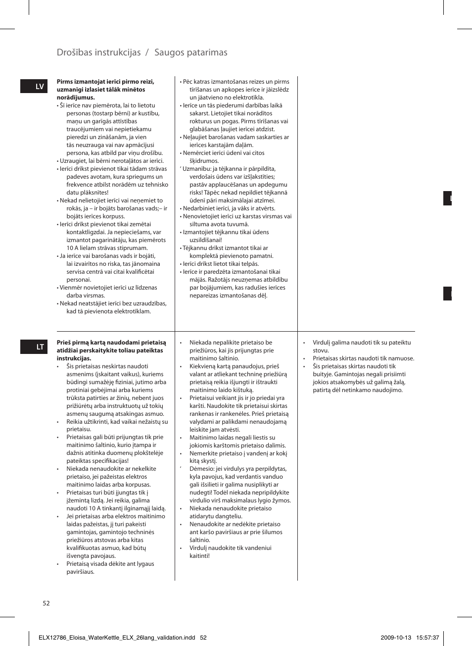 Drošības instrukcijas / saugos patarimas | Electrolux EEWA3100 User Manual | Page 52 / 60