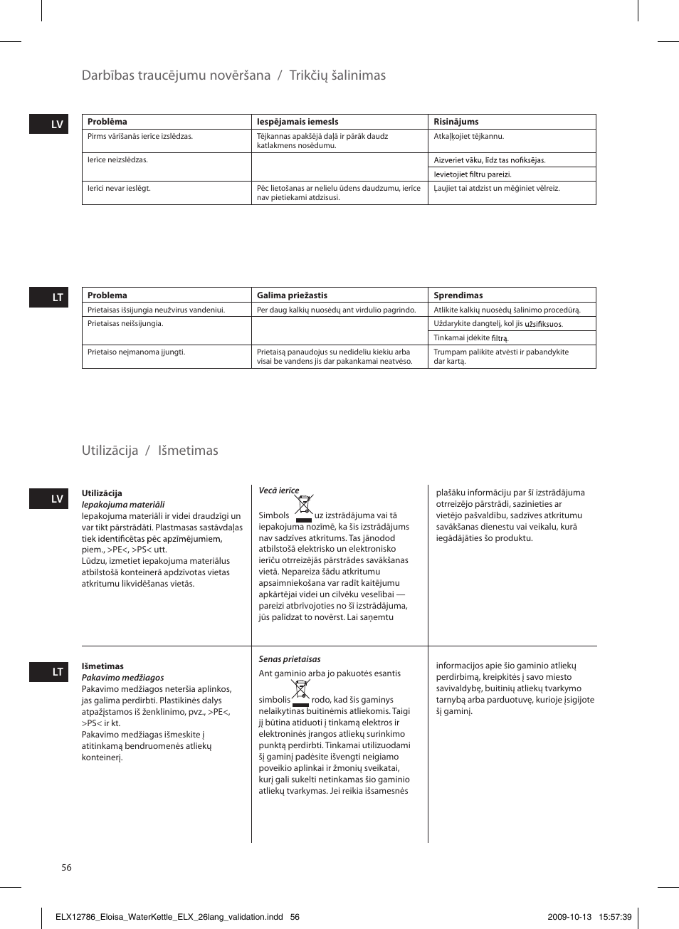 Darbības traucējumu novēršana, Utilizācija / trikčių šalinimas, Išmetimas | Electrolux EEWA3100 User Manual | Page 56 / 60