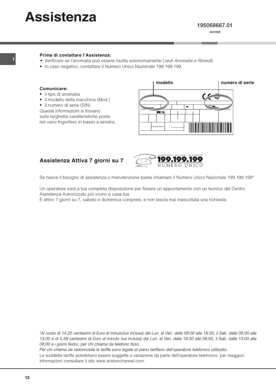 Assistenza, Assistenza attiva 7 giorni su 7 | Hotpoint Ariston Combiné NMBL 1922 CVW-HA User Manual | Page 12 / 60