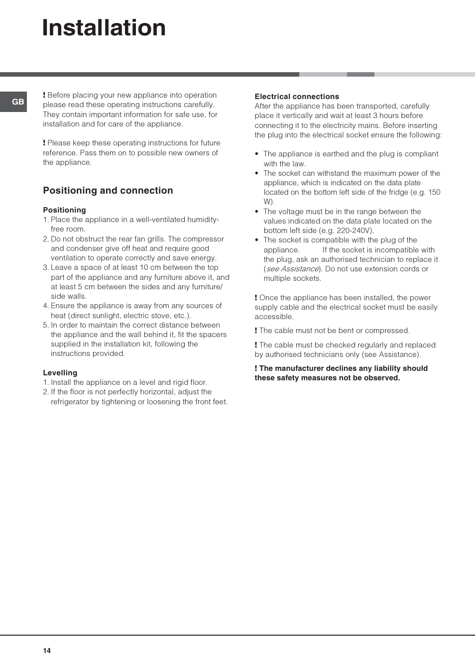 Installation | Hotpoint Ariston Combiné NMBL 1922 CVW-HA User Manual | Page 14 / 60