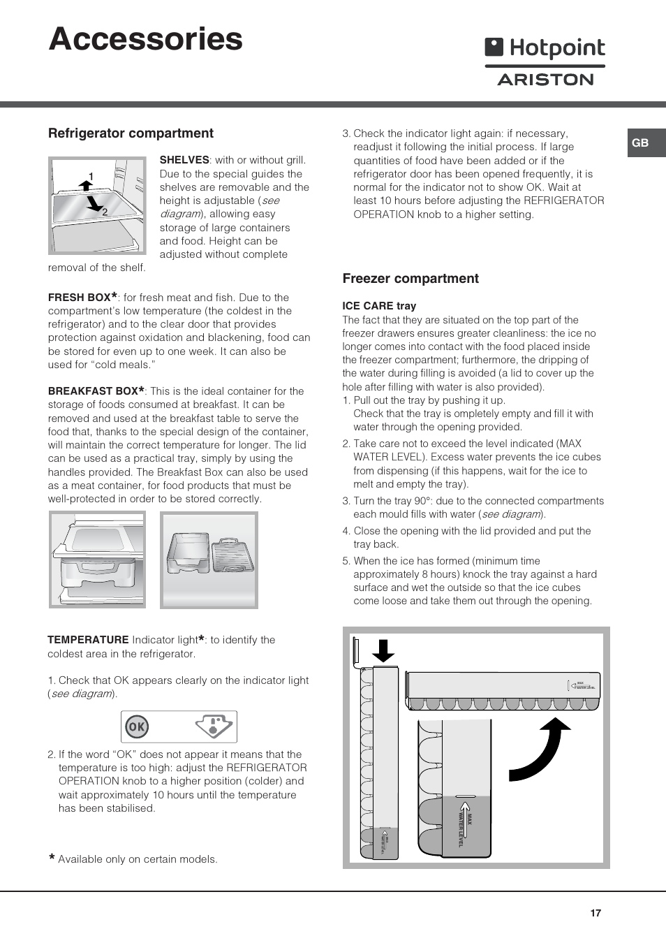 Accessories, Refrigerator compartment, Freezer compartment | Hotpoint Ariston Combiné NMBL 1922 CVW-HA User Manual | Page 17 / 60