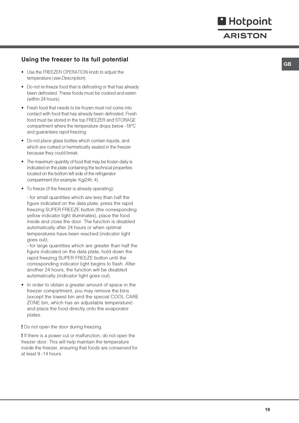 Using the freezer to its full potential | Hotpoint Ariston Combiné NMBL 1922 CVW-HA User Manual | Page 19 / 60