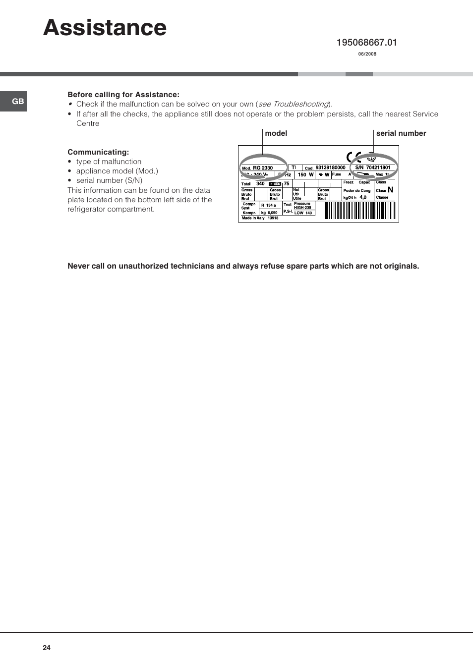 Assistance | Hotpoint Ariston Combiné NMBL 1922 CVW-HA User Manual | Page 24 / 60
