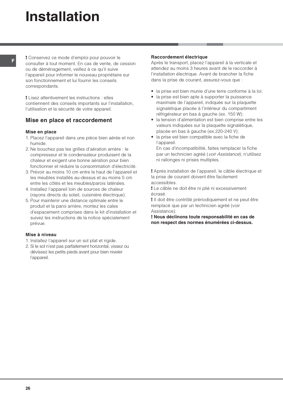 Installation, Mise en place et raccordement | Hotpoint Ariston Combiné NMBL 1922 CVW-HA User Manual | Page 26 / 60