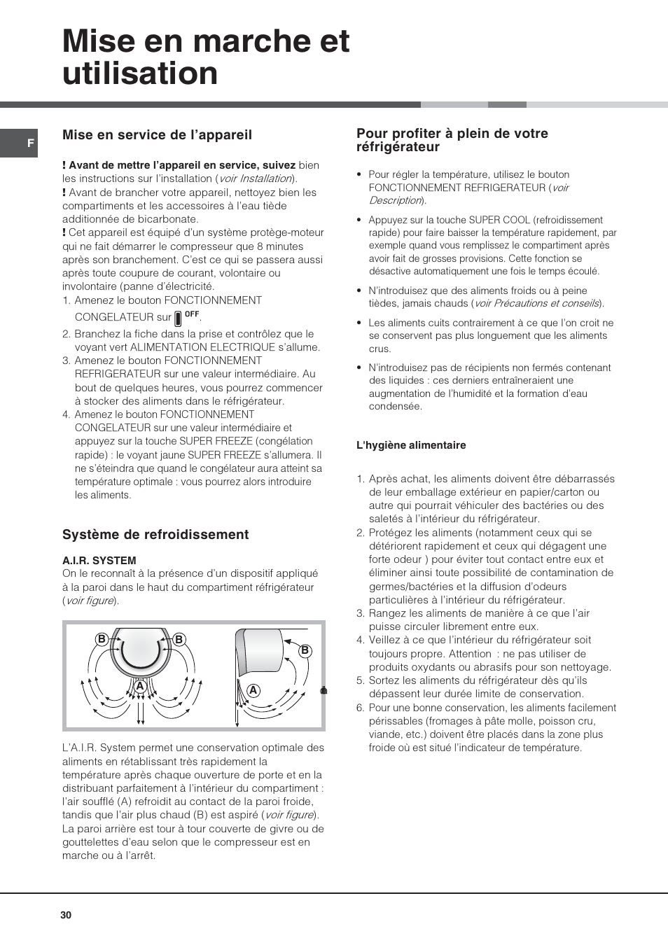Mise en marche et utilisation | Hotpoint Ariston Combiné NMBL 1922 CVW-HA User Manual | Page 30 / 60