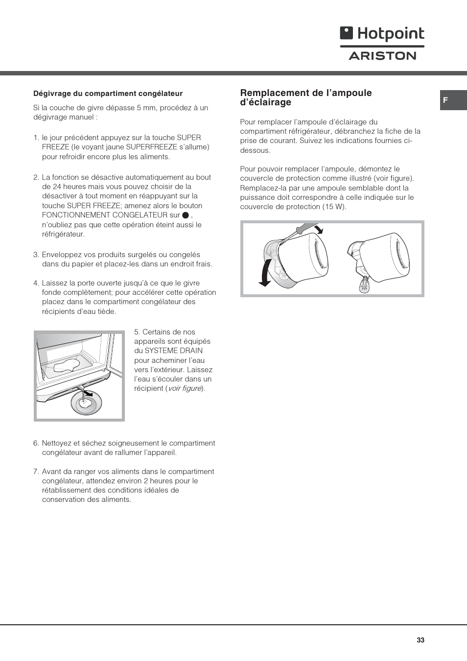 Remplacement de lampoule déclairage | Hotpoint Ariston Combiné NMBL 1922 CVW-HA User Manual | Page 33 / 60