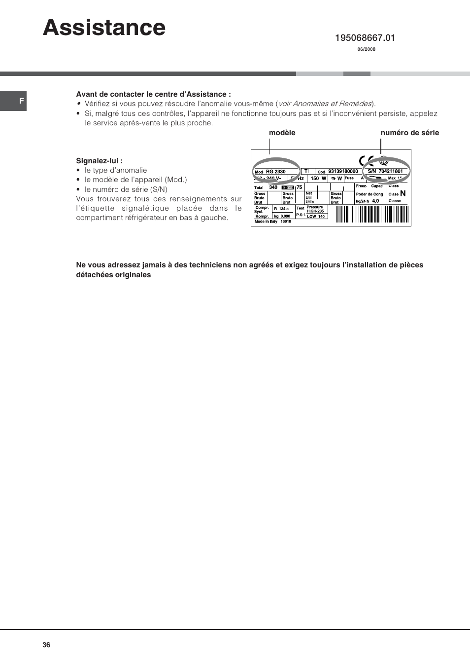 Assistance | Hotpoint Ariston Combiné NMBL 1922 CVW-HA User Manual | Page 36 / 60