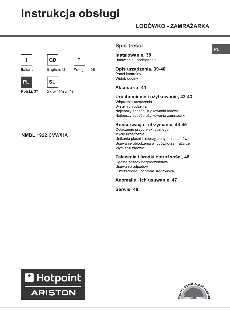 Instrukcja obs³ugi, Lodówko - zamra¯arka, Spis treci | Hotpoint Ariston Combiné NMBL 1922 CVW-HA User Manual | Page 37 / 60