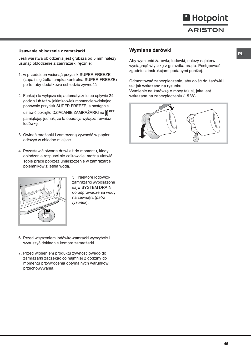 Wymiana ¿arówki | Hotpoint Ariston Combiné NMBL 1922 CVW-HA User Manual | Page 45 / 60